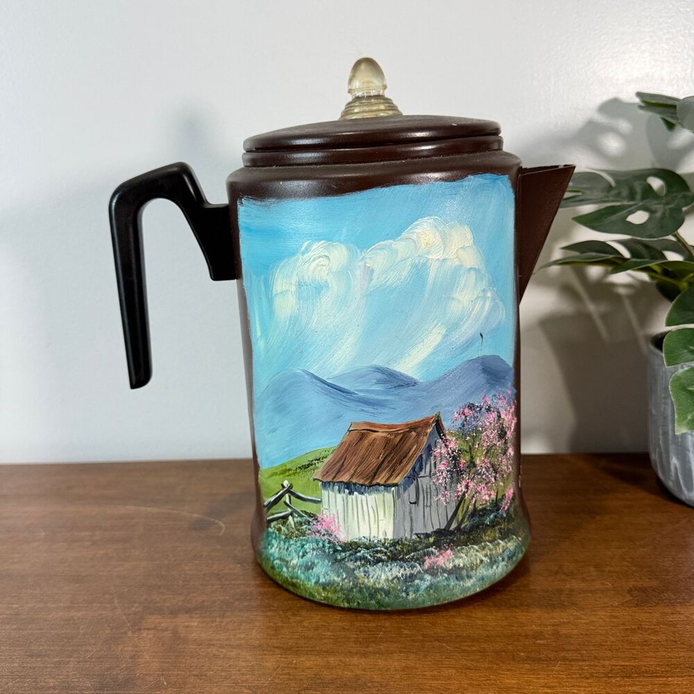 Vintage Century Aluminum Perculator Hand Painted Barn Landscape D. Miller '90